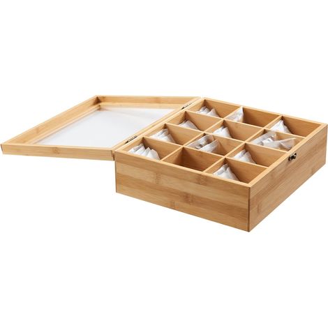 Boîte à thé - avec couvercle transparent - 12 compartiments - bambou (1/4)