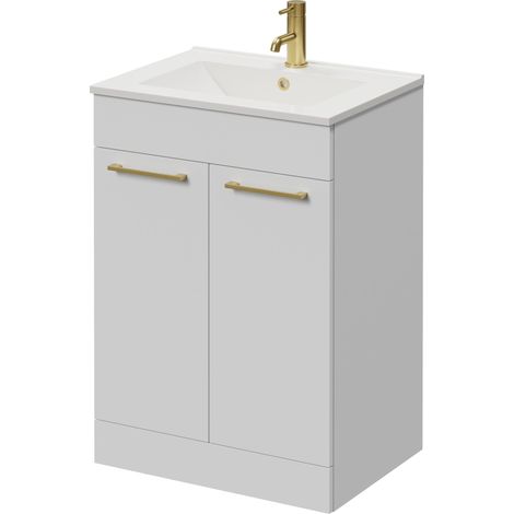 Napoli 460 Gloss White 600mm 2 Door Vanity Unit with Angel Basin - 600mm - Brushed Brass 160mm Handle
