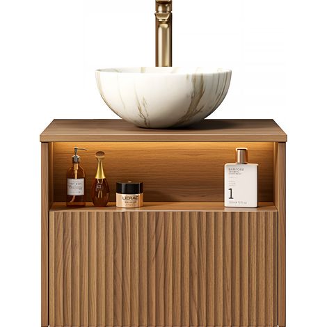 Meuble-lavabo de salle de bain suspendu 60 cm avec vasque blanche en céramique à motif pierre, meuble en contreplaqué strié avec tiroir et étagère, lampe à capteur, préassemblé, finition veinage bois 