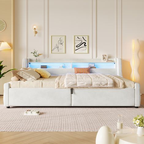 Lit coffre 140x200cm en velours avec hydraulique rangement Lit double rembourré,LED multicolore,design moderne et pratique,beige (1/5)