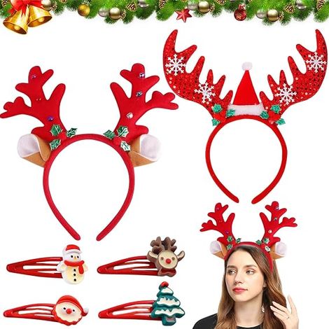 Lot de 2 bandeaux de Noël en forme de bois de renne - Paillettes - Rouge - Accessoire de cheveux pour adultes et enfants - Décoration de fête de Noël (1/5)