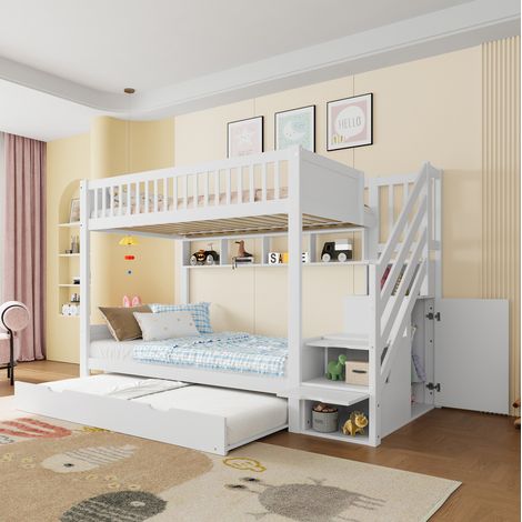 DESVIAE Lit superposé enfant avec lit gigogne armoire étagère escalier de rangement et coffre de rangement bois de pin et MDF blanc 90 x 200 cm (1/5)