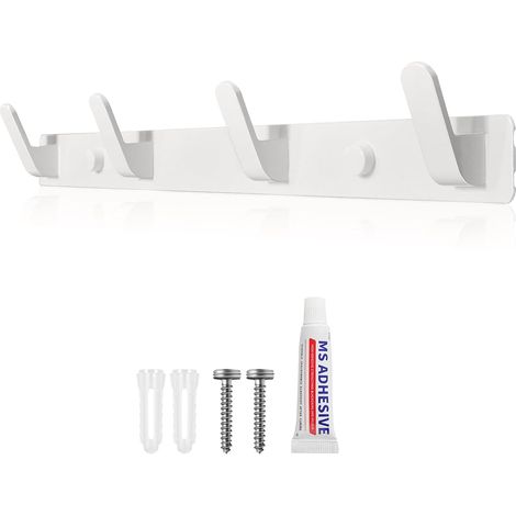 Perchero de pared blanco con 4 ganchos, se puede instalar con adhesivo o tornillos, adecuado para la entrada, el dormitorio, el baño y la cocina.