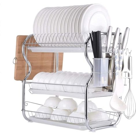 Égouttoir à vaisselle 3 étages Porte-couverts Bac de récupération crochets pour tasses et assiettes en métal Planche à découper (1/4)