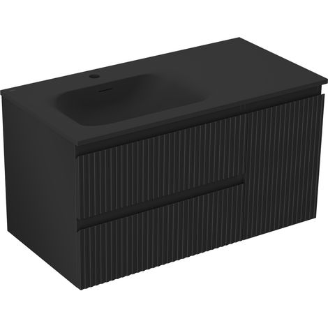 Mexen Rivel armoire de salle de bain 90 cm avec lavabo Vela à gauche, 2S, 1D, rainuré, noir mat - 91A23-09047-3-BBFFF71-W23L71 (1/5)