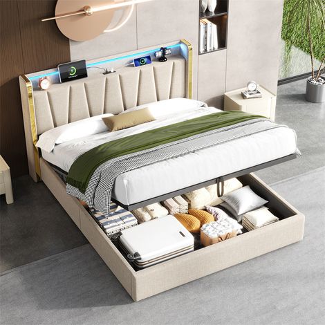 Smart 4ft6 Double Storage Bed - LED Headboard w/ USB-C Charging Hydraulic Lift Linen