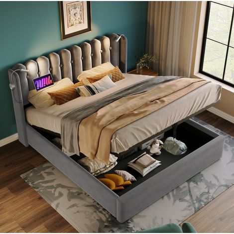 lit coffre 160x200 avec liseuse USB velours gris HAVRYA (1/5)