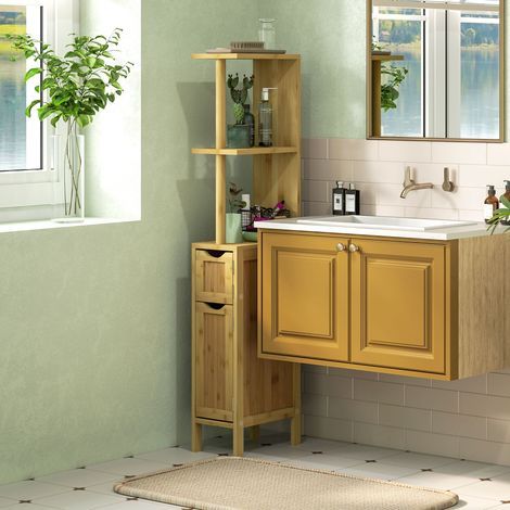 Badezimmerschrank mit 2 Ablagen und 2 Schränken, aus Bambus, 18 cm (B) x 30 cm (T) x 120 cm (H), Naturholz (1/5)