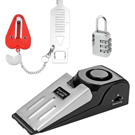 Butée de porte d'alarme et serrure de porte portable, cale antidérapante avec alerte de 120 dB réglable, double protection, kit de porte de sécurité pour maison, hôtel, voyage, sécurité (1/5)
