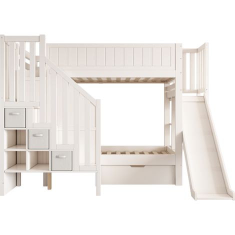 Litera infantil 90x200 cm con tobogán, escalera armario y cajones, blanca (1/5)