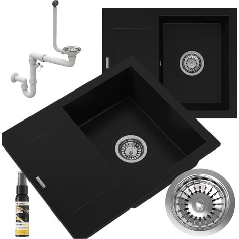 Évier cuisine en granit 1 bac avec égouttoir droit 57 x 47 cm noir, kit avec siphon gain de place chromé et GraniProtect 30 ml, Bello (1/5)