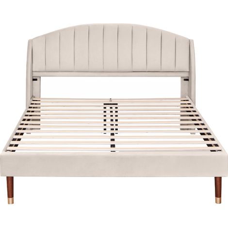 Letto Matrimoniale 160 x 200 cm con Testiera Imbottita, senza Materasso, in Velluto, Beige (1/5)