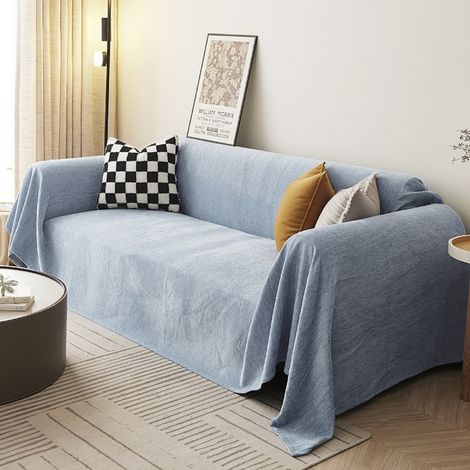 Bleu brumeux 90x180 Housse de canapé en chenille, couleur unie, anti-griffures de chat, toutes saisons, couverture intégrale (1/4)