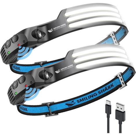 Lampe Frontale, 2 Pièces 230°Angle Large 3LED Bandes Lumineuses Blanches Headlight Rechargeable avec Capteur de Motion Étanche pour Activités Outdoor, Lampe-Frontale-LED-Camping [Classe énergétique A] (1/4)