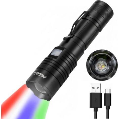 X37 4 Couleurs Lampe de Poche LED Multicolore Puissante Blanc Bleu Vert Rouge USB Rechargeable Zoom RGB Tactique avec Puissance de sortie, Pile Incluse pour Camping Randonnée Chasse (1/5)