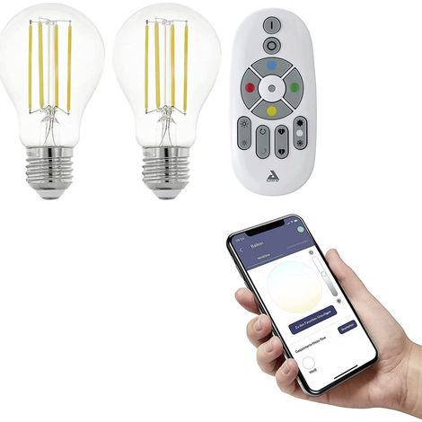 EGLO connect.z Smart Home-Set, 2x lampadine Led E27, A60, con telecomando, ZigBee, app e controllo vocale, dimmerabile, design vintage, 806 lumen e 6 W ciascuna, chiare in bianco neutro (1/5)