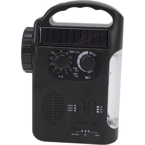 Radio FM portable à manivelle, alimentée à l'énergie solaire, noire, avec sortie USB rechargeable, lampe torche intégrée et radio d'urgence pour l'extérieur. (1/5)