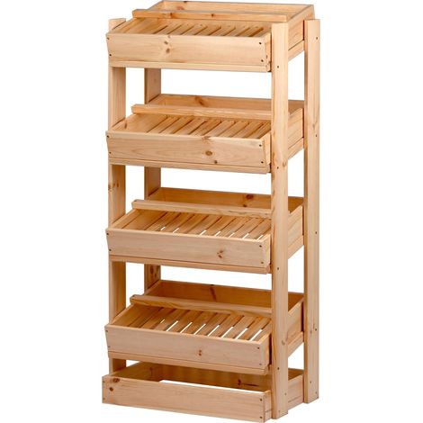 Étagère de rangement pour fruits et légumes, caisse à fruits en bois, avec 4 compartiments et 4 caisses empilables, 53 x 35 x 116 cm, naturelle (1/5)