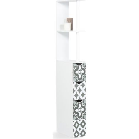 Idmarket – Meuble WC étagère bois blanc 3 portes – Motif carreaux de ciment gris – Dimensions 15x33x136 cm – Rangement compact pour sanitaires