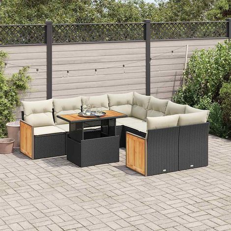Set sofás jardín y cojines 9 pzas ratán sintético acacia negro vidaXL (1/5)