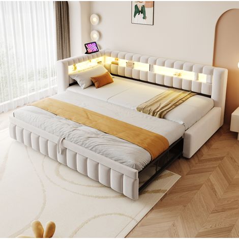 Divano letto 90 x 200 cm con LED, porte USB e Type-C, velluto beige HAVRYA (1/5)