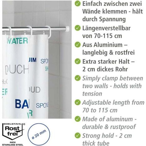 Tringle rideau de douche télescopique brillant, Barre de douche extensible, fixation sans perçage par torsion, aluminium inoxydable - embout en caoutchouc, Ø 20 mm x 70 - 115 cm (1/4)