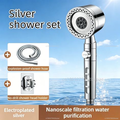 Ensemble complet de douche à 6 jets (argenté, 3 pièces) : pommeau de douche hygiénique à main, pression renforcée, 3 pièces pour salle de bain et usage domestique. (1/5)