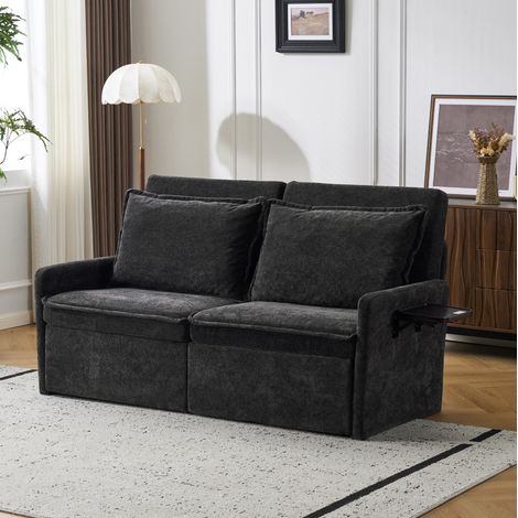 Divano letto 2 posti 3 in 1 con schienale regolabile a 5 posizioni, ciniglia nera HAVRYA (1/5)