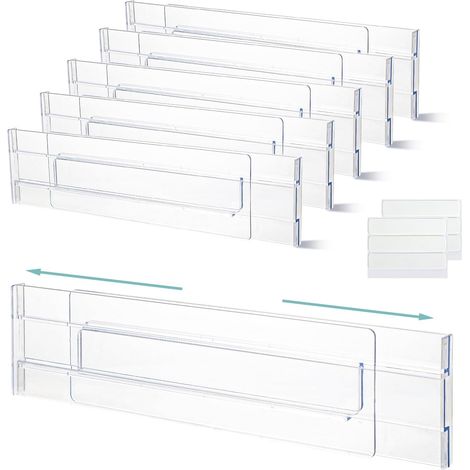 6 Pièces 27,5 52cm Séparateur Tiroirs Réglable Organisateur de Tiroir Transparent Tiroir Extensibles pour Vêtements Coiffeuse Garde robe Cuisine Taille