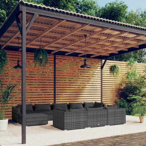 10 pcs Salon de jardin, Ensemble table et chaises de jardin, Meuble de jardin avec coussins Gris Résine tressée MKW436103 (1/5)