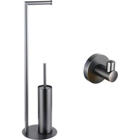 Fortifura Calvi porte-rouleau de toilette sur pied avec brosse de toilette - avec crochet pour serviette - Gunmetal PVD brossé