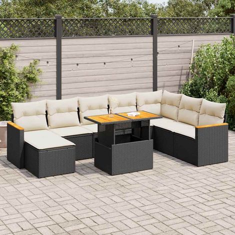 9-tlg. Garten-Sofagarnitur mit Kissen Schwarz Poly Rattan (1/5)