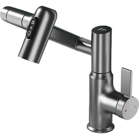 Robinet de cuisine Robinet de lavabo à affichage numérique LED de température, pulvérisateur à jet à 360 degrés, mélangeur d'évier d'eau chaude et froide, robinet de lavage for salle de bain(Grijs) (1/5)