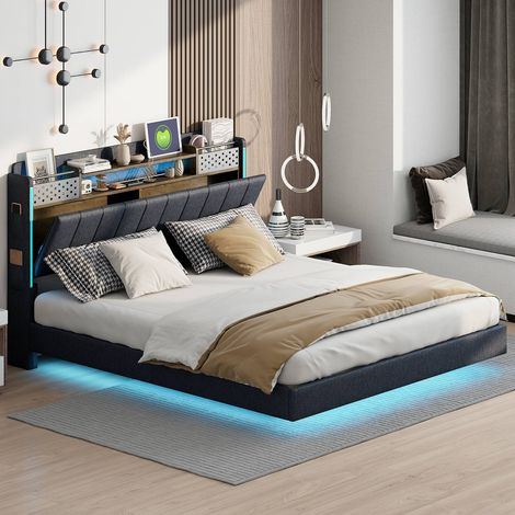 Lit double 160 x 200 cm en lin gris, tête de lit avec rangement, led et prises usb, lit flottant pour adoadulte (1/5)
