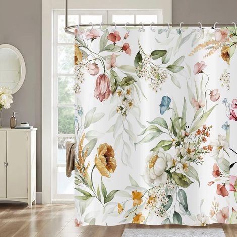 Rideau de douche fleuri 180x200, motif aquarelle de fleurs, plantes, papillons et fleurs sauvages, imperméable et lavable en polyester. (1/5)