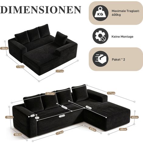 Modulares Ecksofa 261 x 173 x 58 cm aus schwarzem Cord, Recamiere rechts, montagefrei – MEUBLIV (1/5)