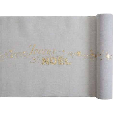 Chemin de table de Noël en coton blanc crème - KAGOLOW - Joyeux Noël - 28 cm x 3 m - Lettres dorées (1/4)