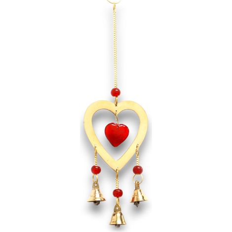 Campanas Indias - LatÃ³n con cuentas de corazÃ³n de cristal rubÃ­ - 3 campanas - 6.5x24cm