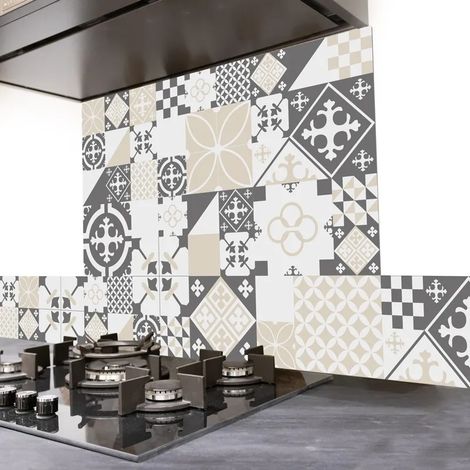 Crédence cuisine en aluminium - effet carreaux de ciment gris - 200x20 cm (en 2 bandeaux)