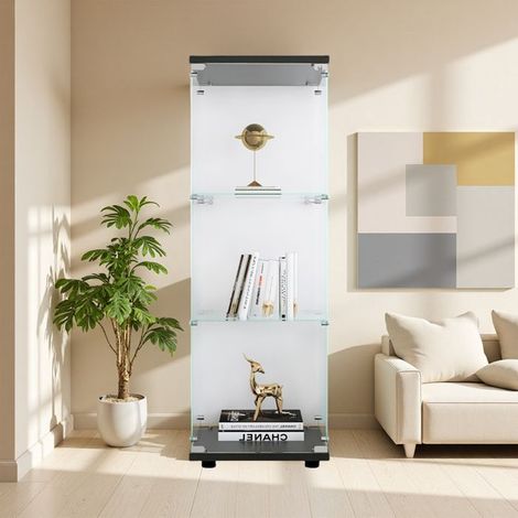 Glasvitrine, 3 Regale, Präsentationsschrank für das Wohnzimmer, Vitrine für Sammlungen, 125 x 42 x 36cm, Schwarz