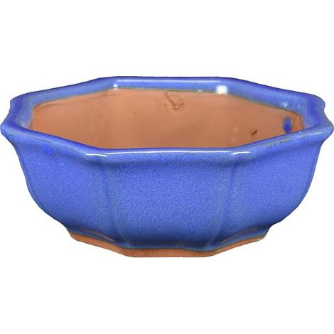Vaso per bonsai ottagonale in gres smaltato blu 12x12x4,5 cm - G235c