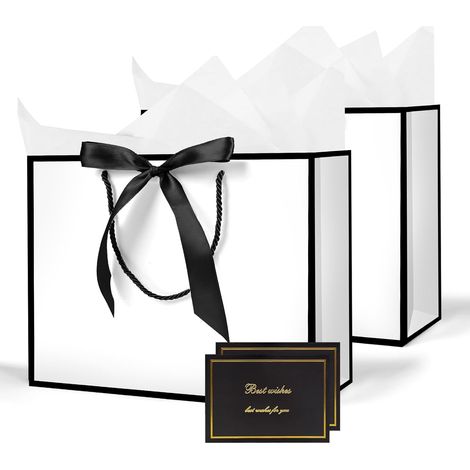 Lot de 2 Pochettes Cadeaux avec Anse, Sacs Cadeaux en Papier Avec Ruban d'Arc, Pochettes en Papier avec Anse, Emballage Cadeau pour Noël, les Anniversaires, Mariages, Fête(Blanc Bord Noir) (1/5)