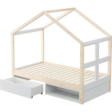 Hausbett 90 x 190 cm aus Holz mit Schubladen, kleinem Schuhregal und LED-Leiste (1/5)