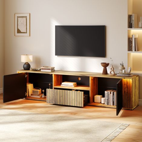 Mobile TV, basso con 2 ante e 1 cassetto, supporto TV con luci LED, adatto per TV da 75 pollici, soggiorno/camera da letto, finitura nero e legno, 180 x 40 x 51 cm (1/5)
