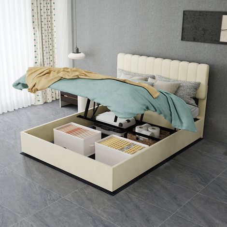 Lit rembourré moderne et minimaliste, 140x200 cm, beige, meuble de chambre multifonctionnel avec tête de lit douce et confortable (1/5)