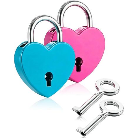 2er Set Mini Vorhängeschlösser Herzform mit Schlüssel, Rosa & Blau