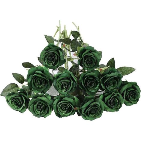 12 roses artificielles vertes, tiges réalistes de 50 cm de long, pour mariages, maison, jardin, fêtes, hôtels, décoration (1/5)
