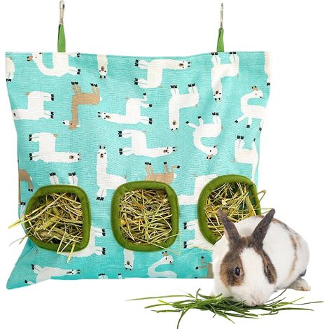 Hay Scraper, 15 x 11 cm, Linen Hay Bag with 3 Openings and Alpaca Pattern, for Rabbits Guinea Pigs, Chinchillas – Distributes Rabbit Hay Clean (1/5)