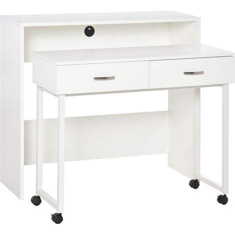 Tavolo Scrivania Salvaspazio per Camera e Ufficio, Scrivania con Cassetti e Ruote, Postazione di Lavoro Doppia o Singola, 100x36x88cm, Bianco