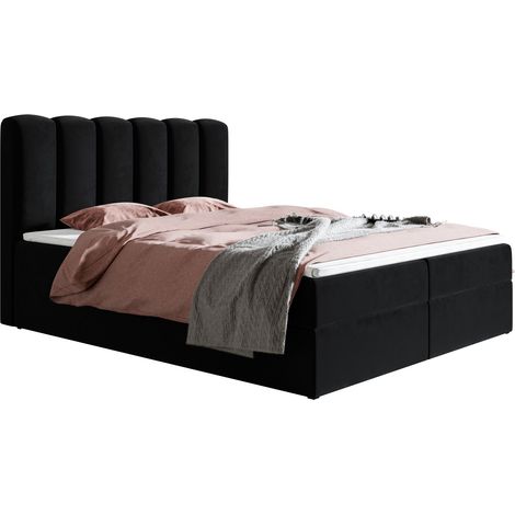 Lit continental 160x200 Rimini - Lit double avec matelas H3, Topper - Lit avec rangement - Noir (Amor Velvet 4322)